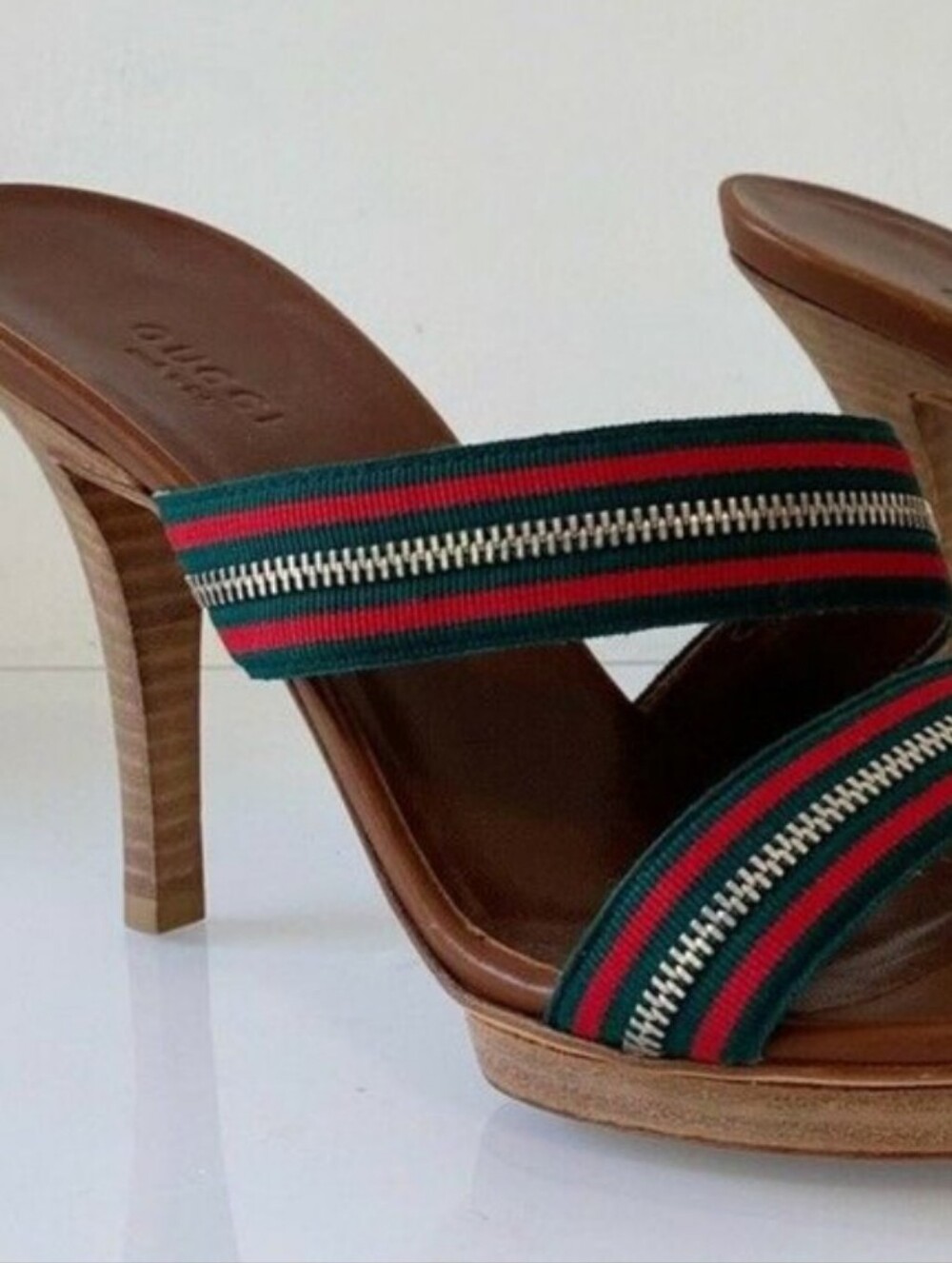 GUCCI RARE! Web Stripe Stilleto Heels Brown Leather Zipper Strap Detail - Women - Picture 12 of 12